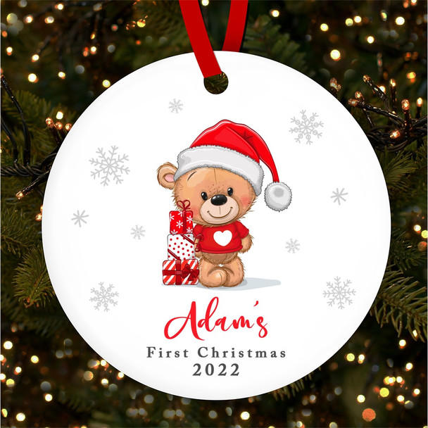 Teddy Bear Baby's 1st Round Personalised Christmas Tree Ornament Decoration