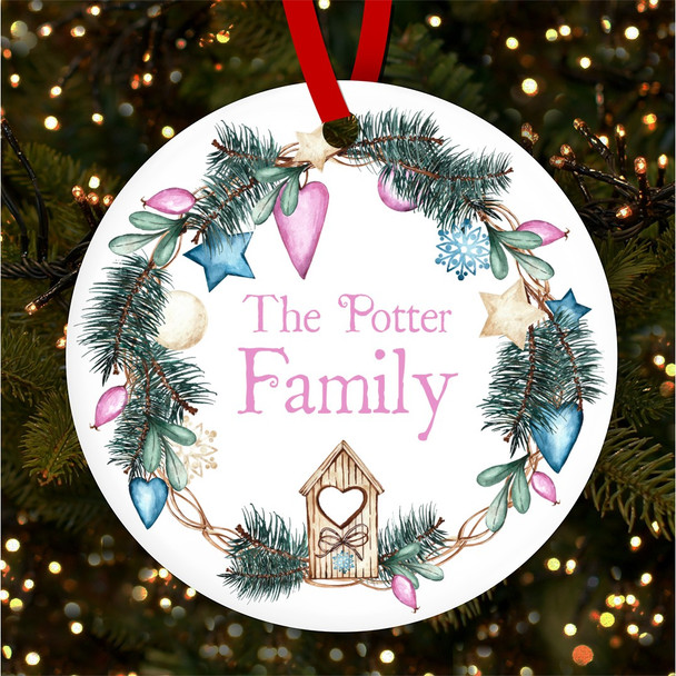 Blue Pink Family Name Wreath Personalised Christmas Tree Ornament Decoration