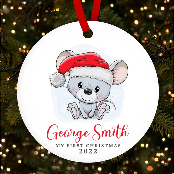 Festive Mouse Baby's 1st Round Personalised Christmas Tree Ornament Decoration