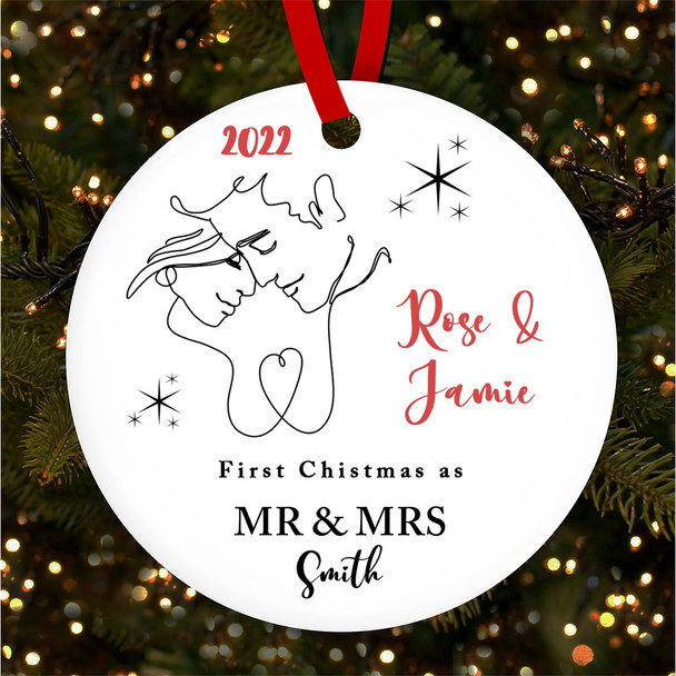 First As Mr & Mrs Line Couple Personalised Christmas Tree Ornament Decoration