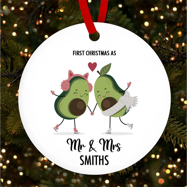 First Mr & Mrs Avocado Round Personalised Christmas Tree Ornament Decoration