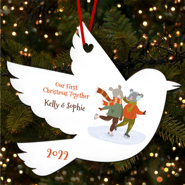 Mice Couple Ice Skating Robin Personalised Christmas Tree Ornament Decoration