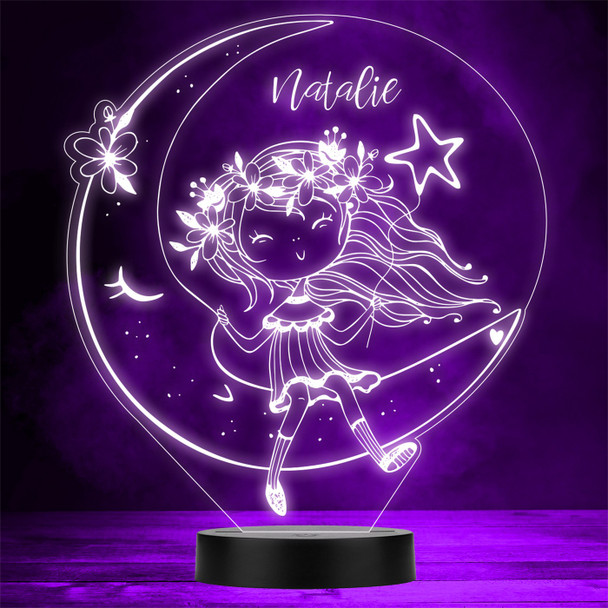 Happy Girl Sitting On A Moon Holding A Star Personalised Gift Colour Night Light