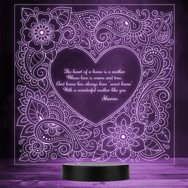 Flower Heart Mendhi Mother's Quote Personalised Gift Any Colour LED Night Light