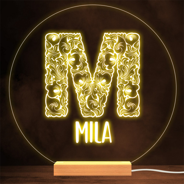 Floral Font letter Initial M Personalised Gift Lamp Night Light