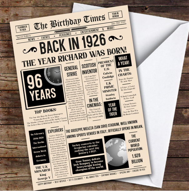 1926 Newspaper Any Age Any Year You Were Born Facts Personalised Birthday Card