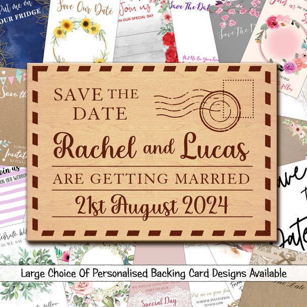 Postcard Stamp Personalised Wooden Wedding Save The Date Magnets & Backing Cards