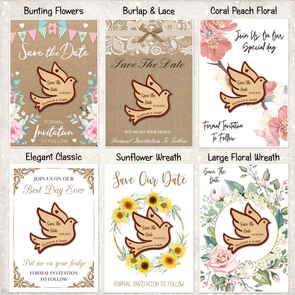 Dove Bird Shape Personalised Wood Wedding Save The Date Magnets & Backing Cards