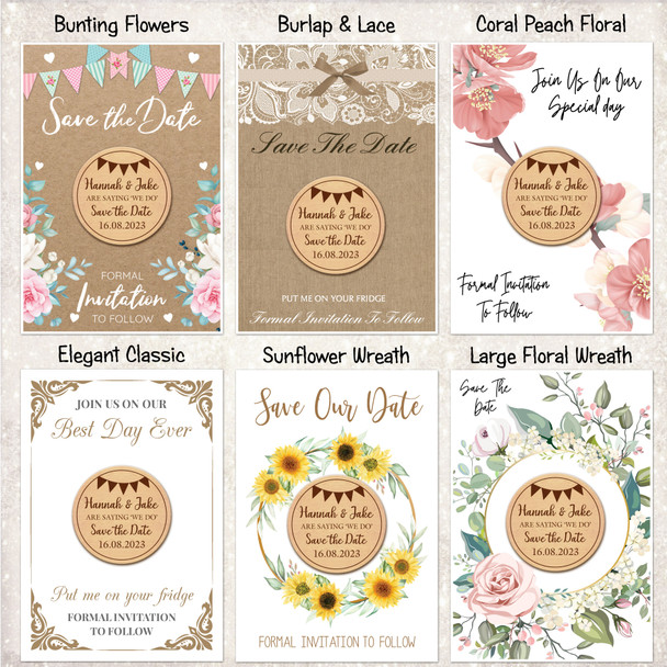 Round Bunting Personalised Wooden Wedding Save The Date Magnets & Backing Cards