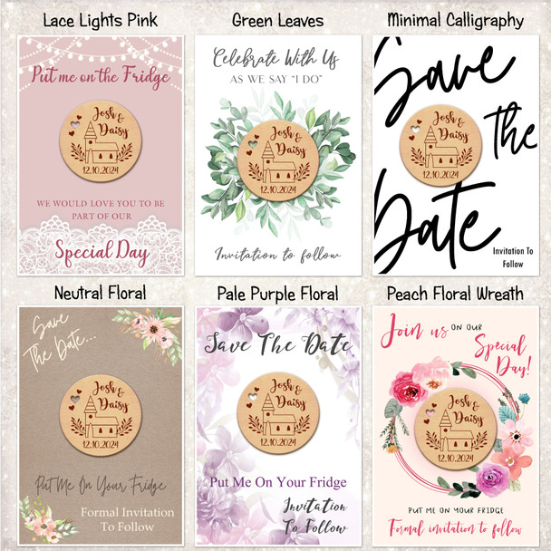 Church Round Personalised Wooden Wedding Save The Date Magnets & Backing Cards