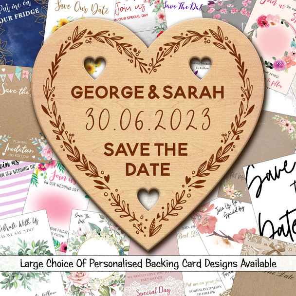 Heart Wreath Personalised Wooden Wedding Save The Date Magnets & Backing Cards