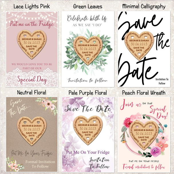 Heart Wreath Personalised Wooden Wedding Save The Date Magnets & Backing Cards