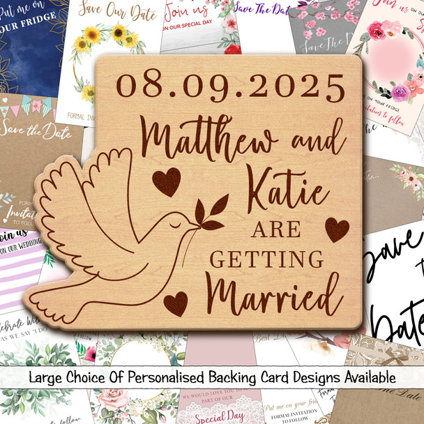 Dove Bird Personalised Wooden Wedding Save The Date Magnets & Backing Cards