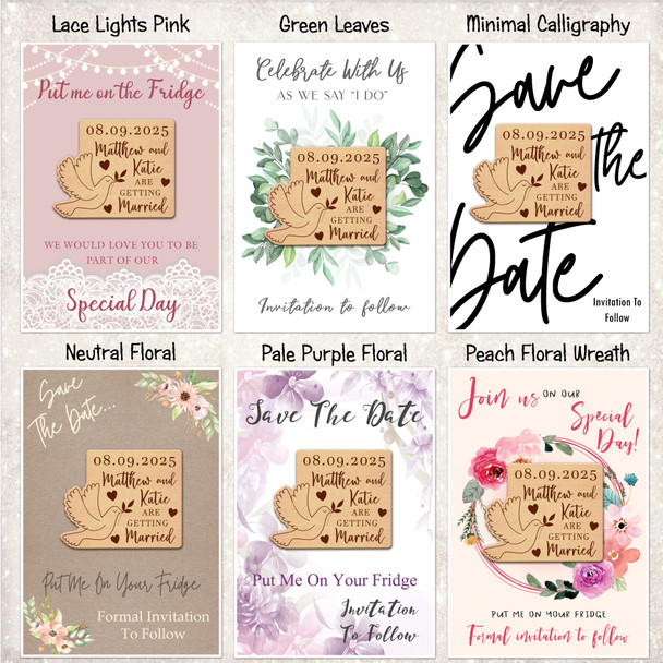 Dove Bird Personalised Wooden Wedding Save The Date Magnets & Backing Cards
