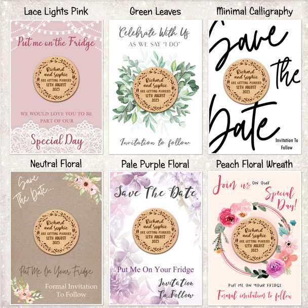 Floral Wreath Round Wooden Wedding Save The Date Magnets & Backing Cards