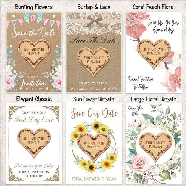 Heart Wreath Leaves Wooden Wedding Save The Date Magnets & Backing Cards