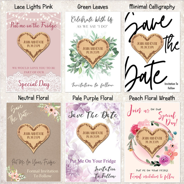Heart Wreath Leaves Wooden Wedding Save The Date Magnets & Backing Cards