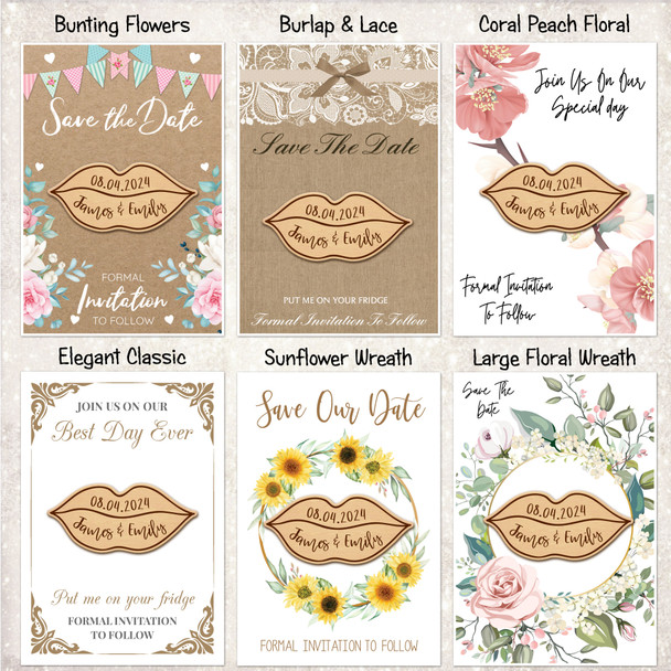 Lips Personalised Wooden Wedding Save The Date Magnets & Backing Cards