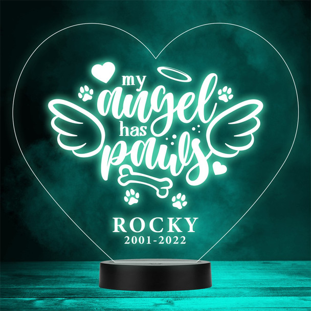 My Angel Has Paws Pet Loss Memorial Dates Personalised Gift Colour Night Light