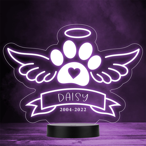 Angel Paw Pet Loss Memorial Wings Halo Personalised Gift Colour Night Light