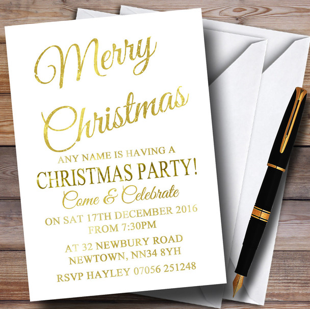 White & Gold Merry Xmas Customised Christmas Party Invitations