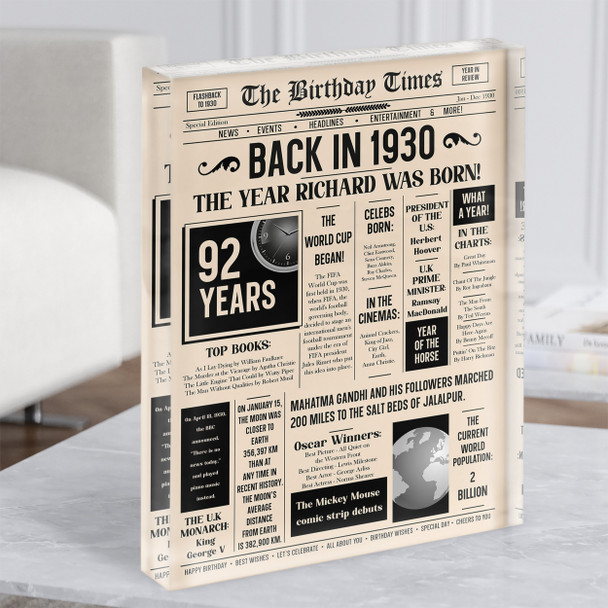 1930 Newspaper Any Age Any Year You Were Born Birthday Facts Gift Acrylic Block