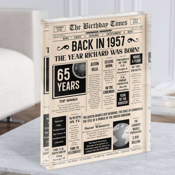 1957 Newspaper Any Age Any Year You Were Born Birthday Facts Gift Acrylic Block