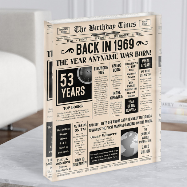 1969 Newspaper Any Age Any Year You Were Born Birthday Facts Gift Acrylic Block