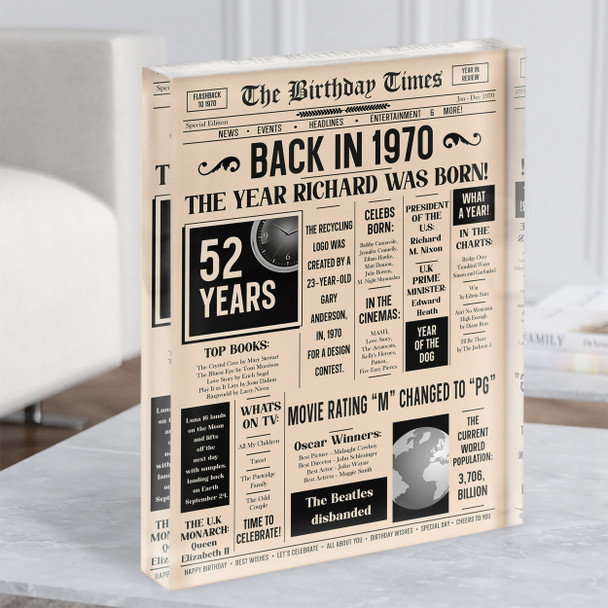 1970 Newspaper Any Age Any Year You Were Born Birthday Facts Gift Acrylic Block