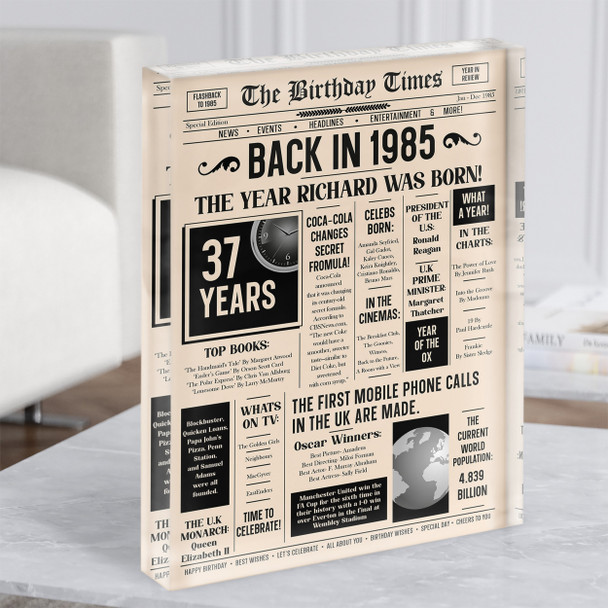 1985 Newspaper Any Age Any Year You Were Born Birthday Facts Gift Acrylic Block