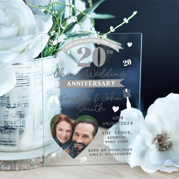 20th Photo Heart China Acrylic Clear Wedding Anniversary Party Invitations