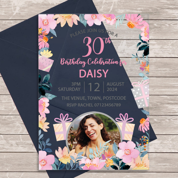 30th Or Any Age Photo Pink Floral Acrylic Clear Birthday Party Invitations