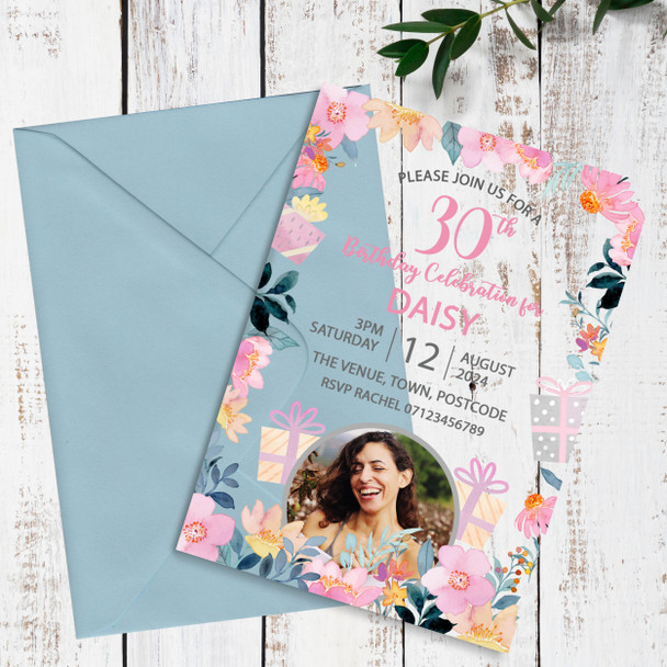 30th Or Any Age Photo Pink Floral Acrylic Clear Birthday Party Invitations