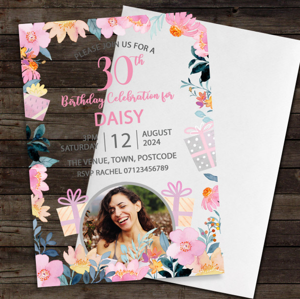 30th Or Any Age Photo Pink Floral Acrylic Clear Birthday Party Invitations