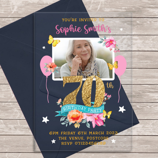 70th Or Any Age Photo Banner Acrylic Transparent Birthday Party Invitations