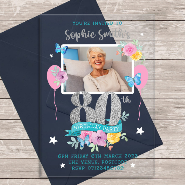 80th Or Any Age Photo Banner Acrylic Transparent Birthday Party Invitations