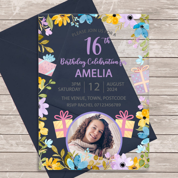 16th Or Any Age Photo Flower Floral Acrylic Clear Birthday Party Invitations