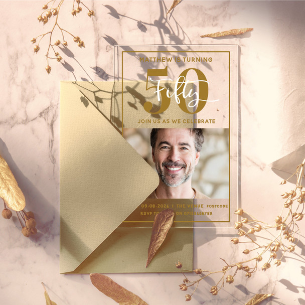 50th Or Any Age Photo Gold Acrylic Clear Transparent Birthday Party Invitations