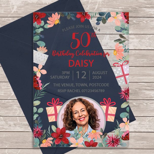 50th Or Any Age Photo Red Flower Floral Acrylic Clear Birthday Party Invitations