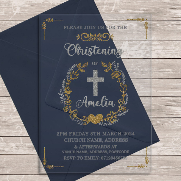 Gold Silver Wreath Acrylic Clear Transparent Luxury Christening Invitations