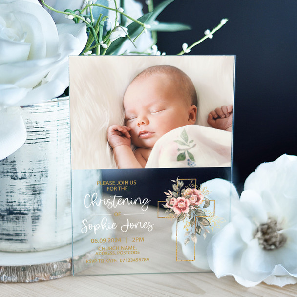 Photo Pink Flower Delicate Cross Acrylic Transparent Christening Invitations