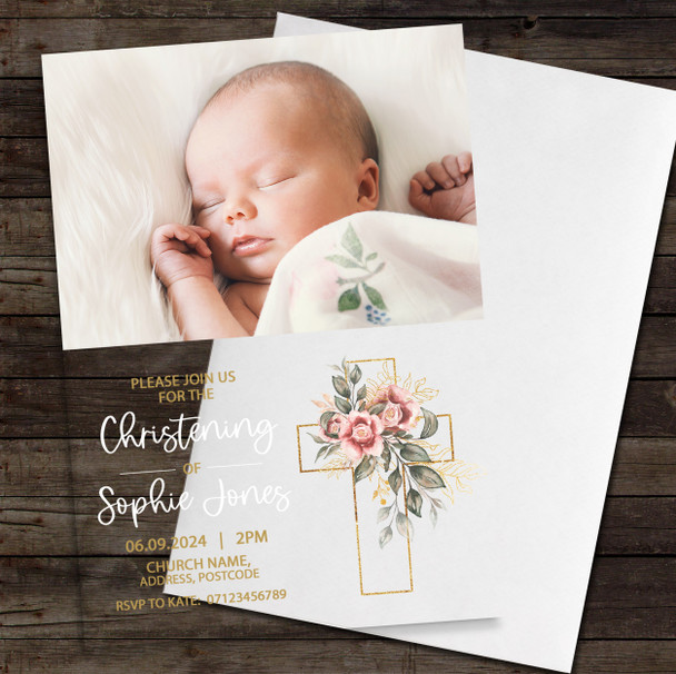 Photo Pink Flower Delicate Cross Acrylic Transparent Christening Invitations