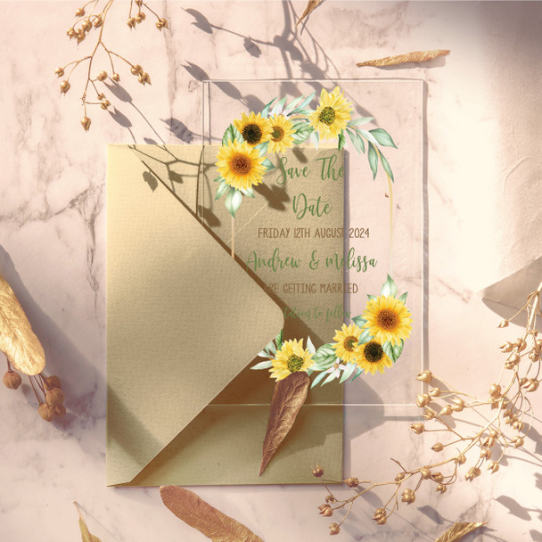 Sunflower Oval Acrylic Clear Transparent Wedding Save The Date Invite Cards