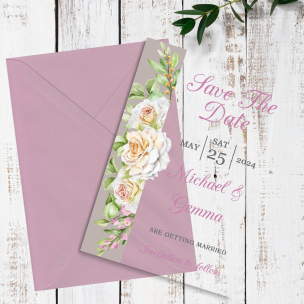 White Pink Rose Classic Acrylic Clear Luxury Wedding Save The Date Invite Cards