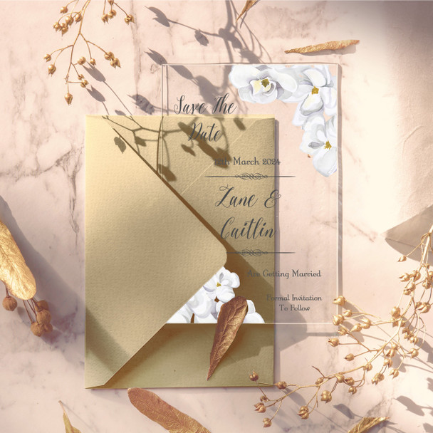 White Watercolour Floral Acrylic Clear Luxury Wedding Save The Date Invite Cards