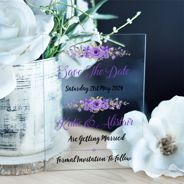 Purple Lilac Floral Acrylic Clear Transparent Wedding Save The Date Invite Cards