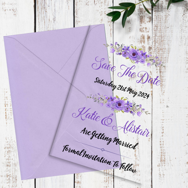 Purple Lilac Floral Acrylic Clear Transparent Wedding Save The Date Invite Cards