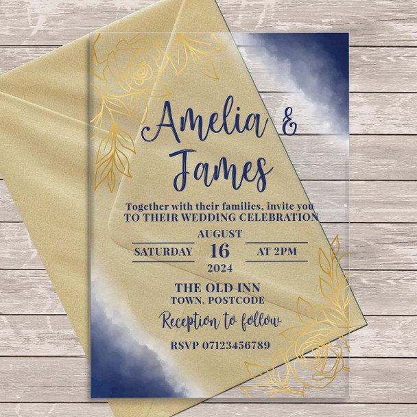 Blue Gold Roses Acrylic Clear Transparent Luxury Wedding Invitations Invites