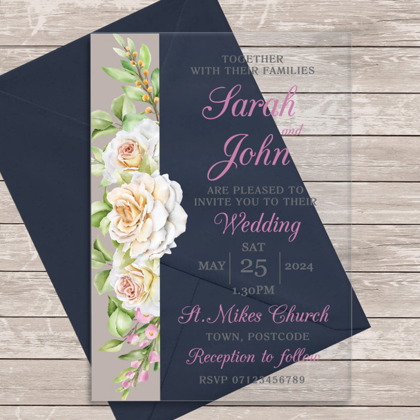 White Pink Rose Classic Acrylic Clear Transparent Wedding Invitations Invites