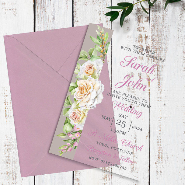 White Pink Rose Classic Acrylic Clear Transparent Wedding Invitations Invites